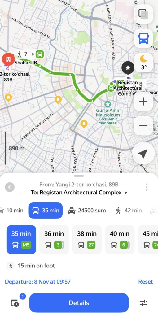 YandexMapsバス経路検索画面