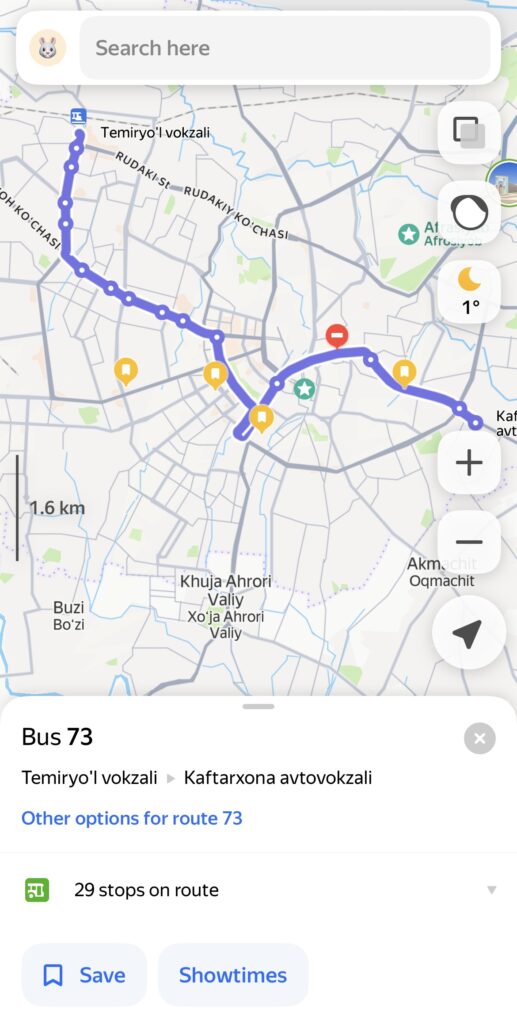 YandexMapsバス経路確認画面