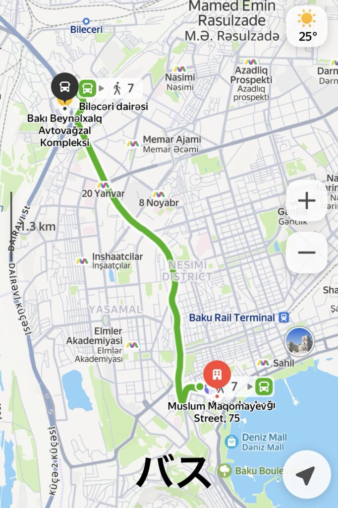 バクー旧市街からバスターミナル　バス路線