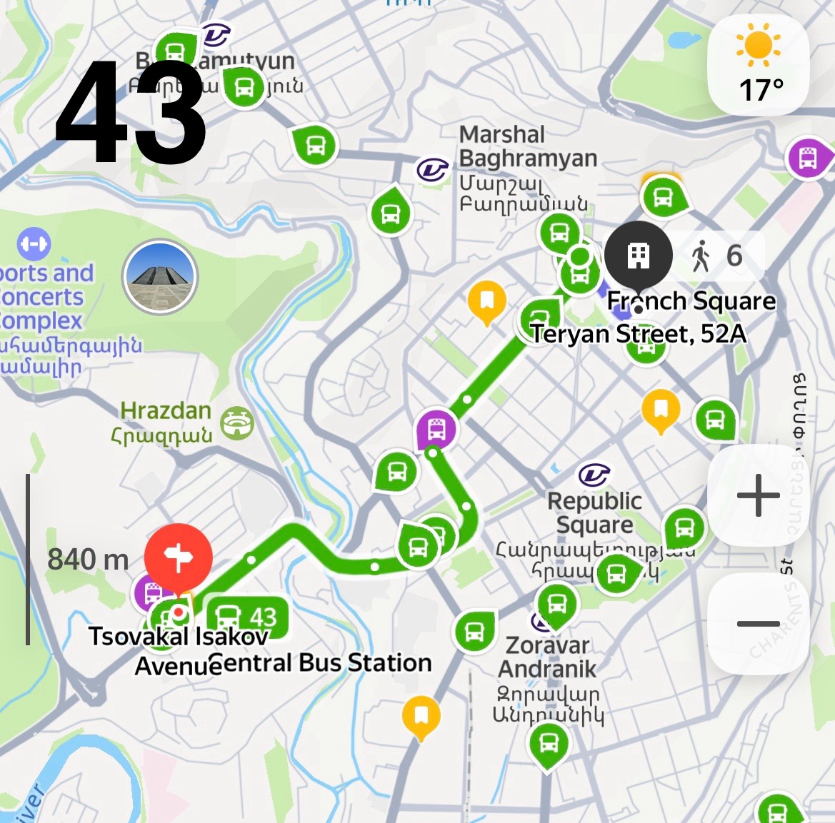 キリキアバスターミナルから市街へのバス路線図